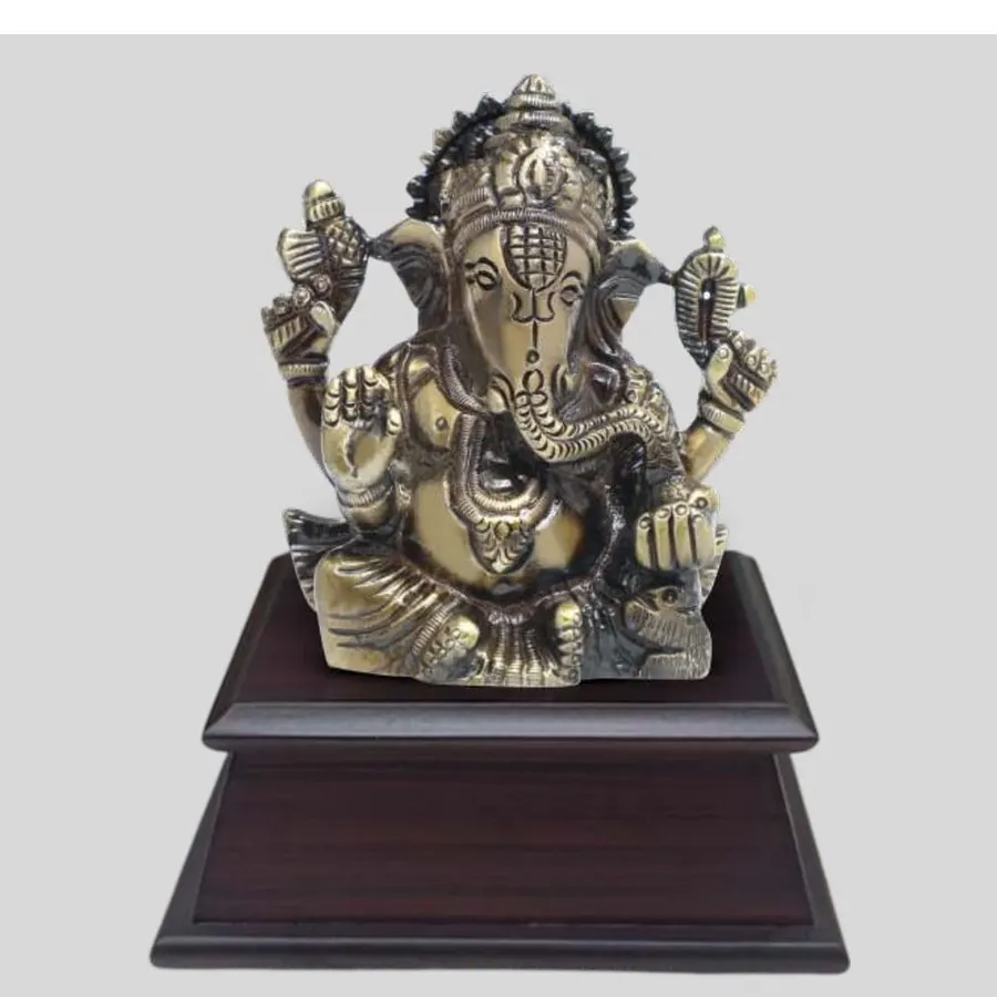 Brass Lord Ganesha Idol on Wooden Base