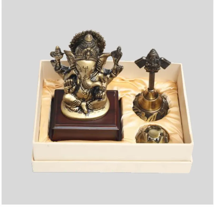 Ganesha Idol with Brass Bell & Agarbatti Stand — Pooja Gift Set