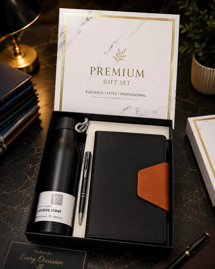 Diary, Bottle & Pen Gift Set — Black & Tan
