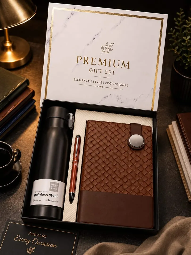 Woven Diary, Bottle & Pen Gift Set — Brown