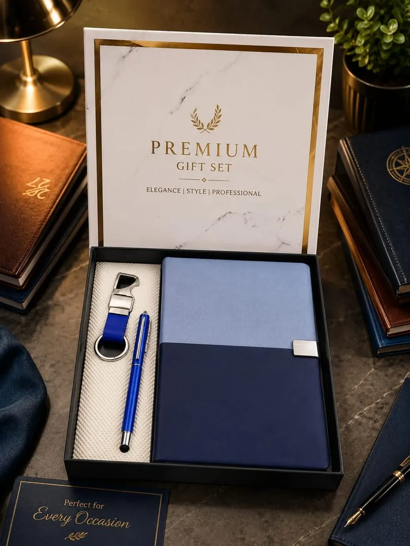Two-Tone Blue Diary, Pen & Keychain Gift Set