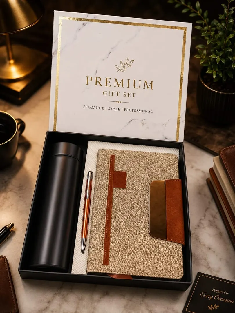 Jute-Weave Diary, Bottle & Pen Gift Set — Natural & Tan