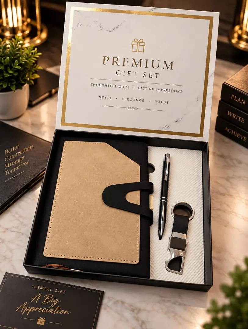 Suede Diary, Pen & Keychain Gift Set — Beige & Black
