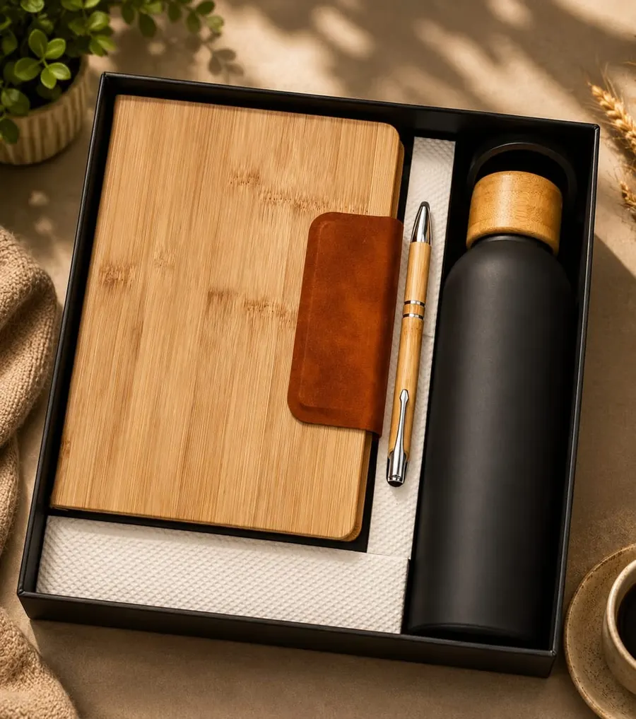 Bamboo Notebook & Matte Black Bottle Gift Set
