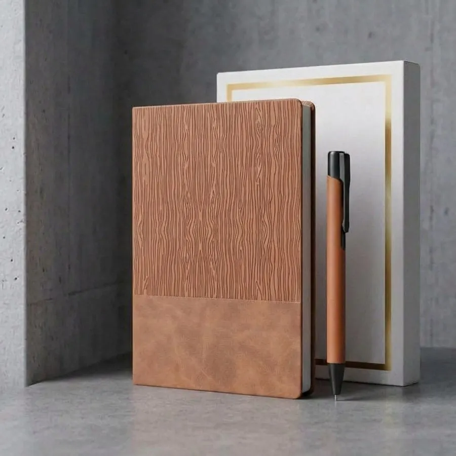 Wood-Grain Diary & Pen Gift Set — Tan