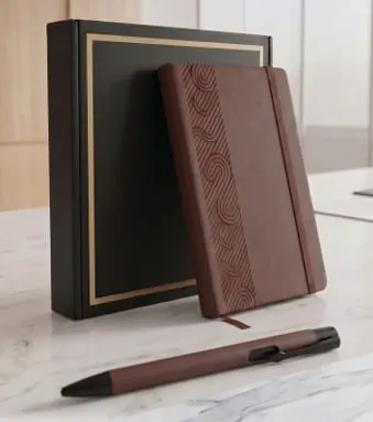 Embossed Swirl Diary & Pen Gift Set — Brown