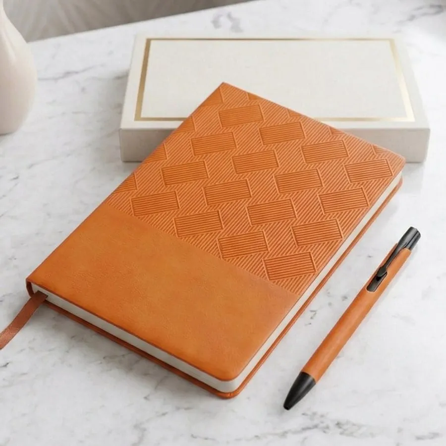 Basket-Weave Embossed Diary & Pen Gift Set — Caramel
