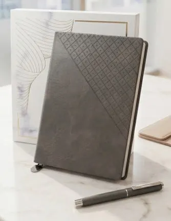 Diagonal Quilted Diary & Pen Gift Set — Grey