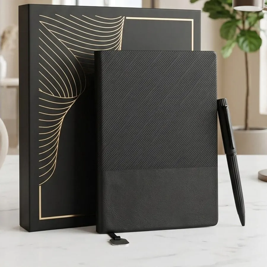 Textured-Band Diary & Pen Gift Set — Black