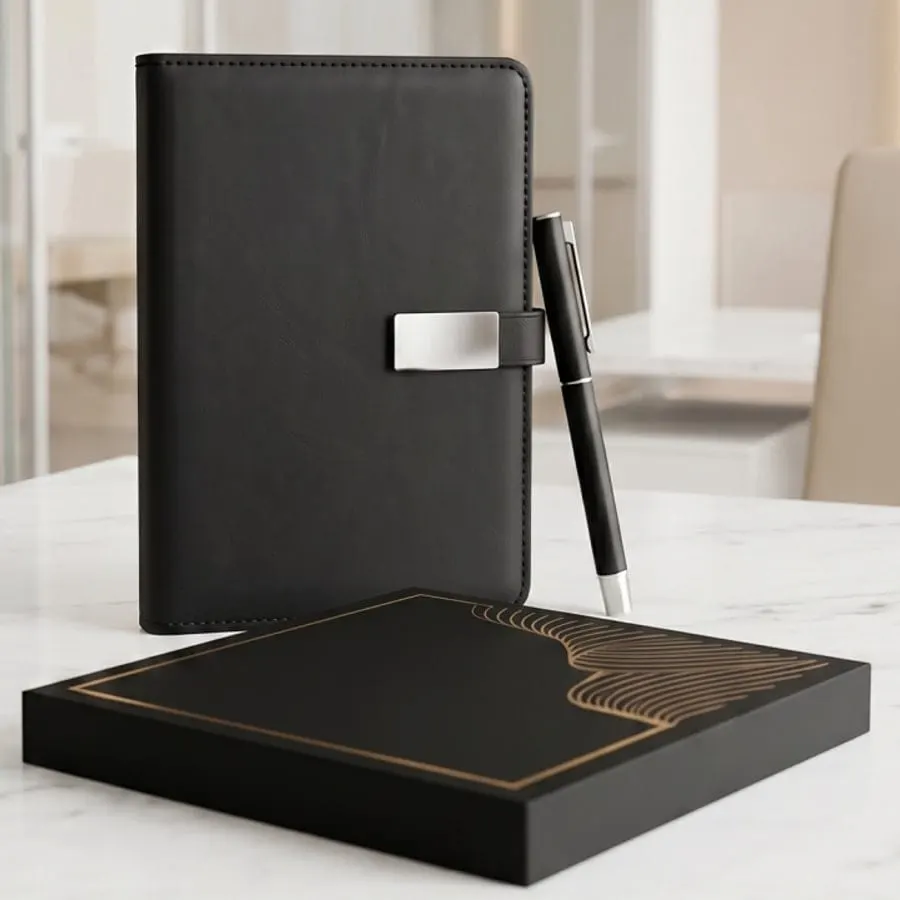 Metal-Clasp Organiser & Pen Gift Set — Black