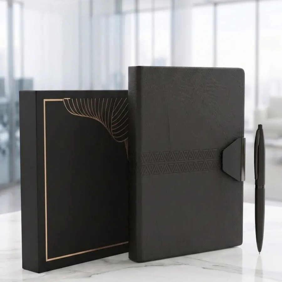Strap-Closure Organiser & Pen Gift Set — Black