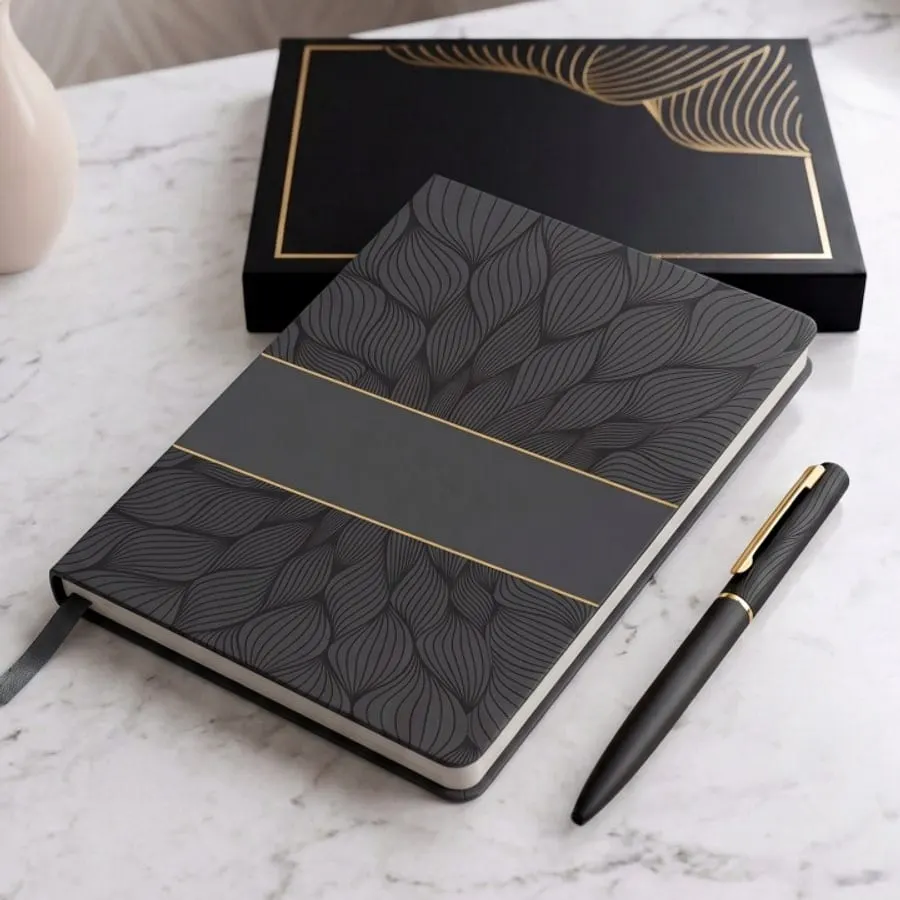 Leaf-Embossed Diary & Pen Gift Set — Black