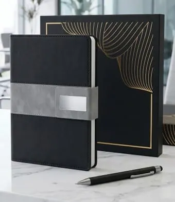 Metal-Plate Strap Diary & Pen Gift Set — Black
