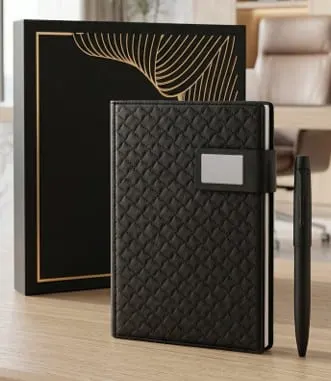Quilted Metal-Plate Organiser & Pen Gift Set — Black