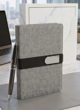Linen Metal-Plate Organiser & Pen Gift Set — Grey
