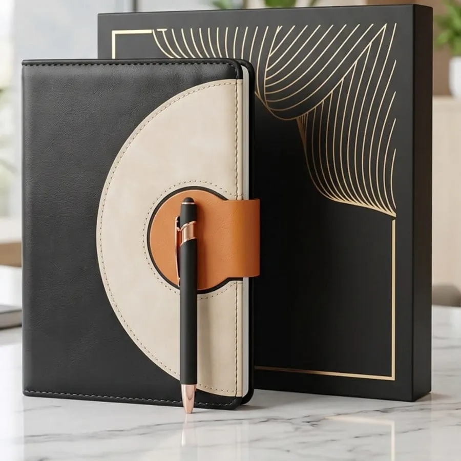 Circular-Panel Magnetic Diary & Pen Gift Set — Black