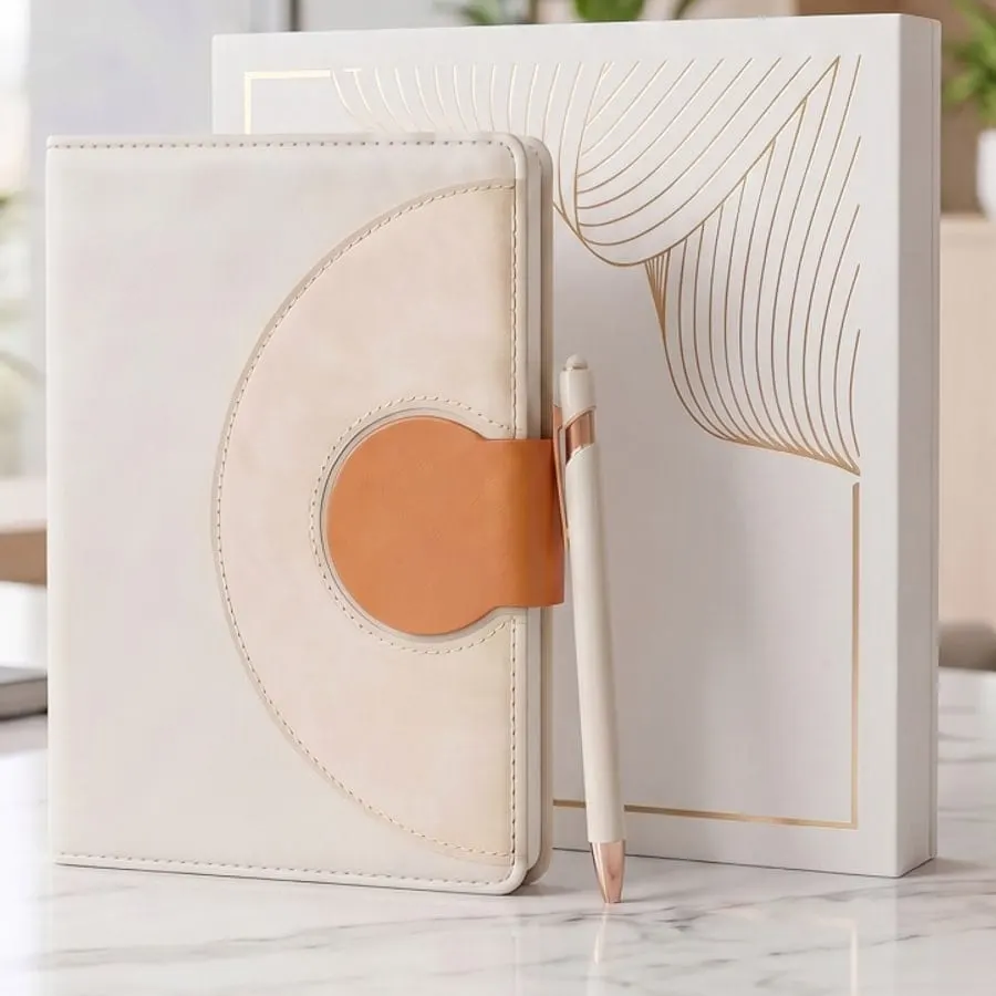 Circular-Panel Magnetic Diary & Pen Gift Set — Beige