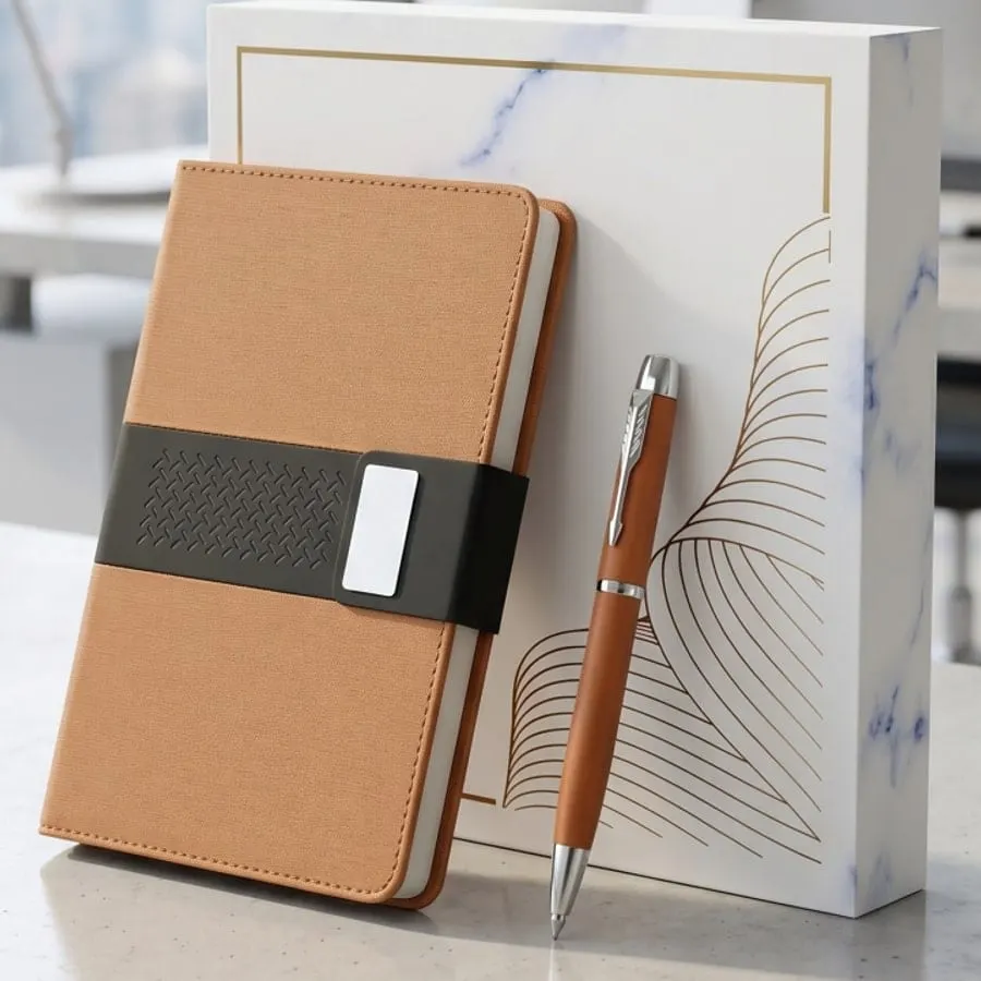 Two-Tone Metal-Plate Organiser & Pen Gift Set — Tan