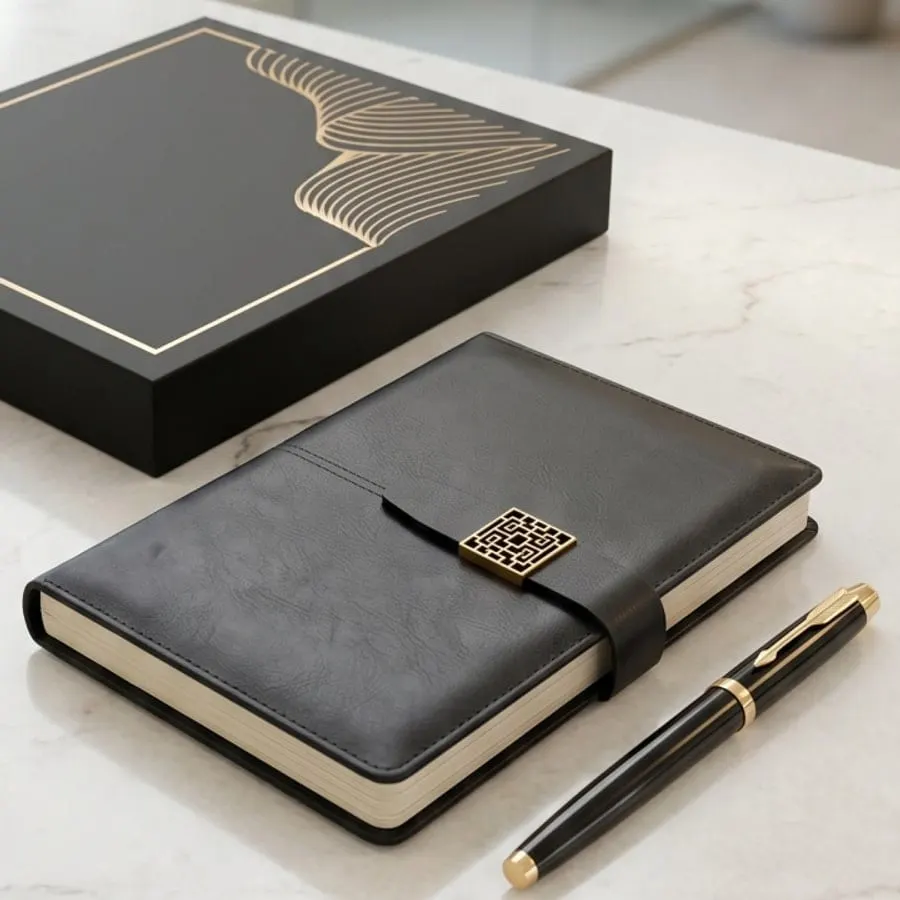 Metal-Charm Band Diary & Pen Gift Set — Grey