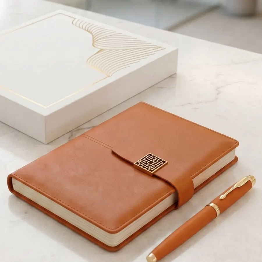 Metal-Charm Strap Diary & Pen Gift Set — Tan