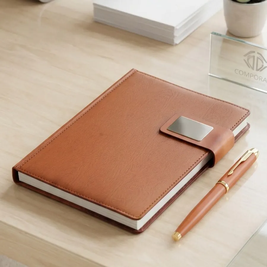 Smooth-Grain Metal-Plate Organiser & Pen Gift Set — Tan