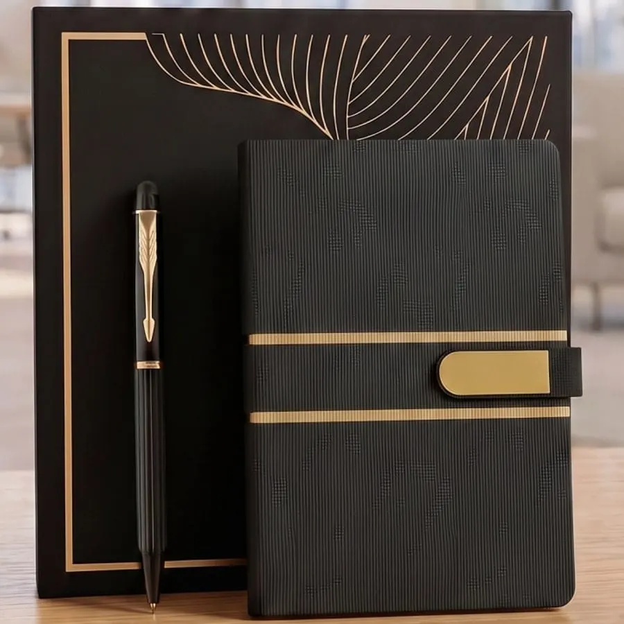 Twin Gold-Line Diary & Pen Gift Set — Black