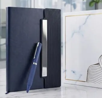 Ribbed-Flap Metal-Plate Diary & Pen Gift Set
