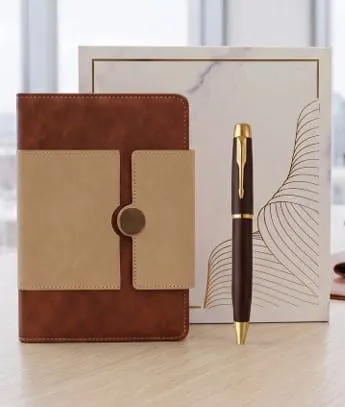 Two-Tone Strap Diary & Pen Gift Set — Tan