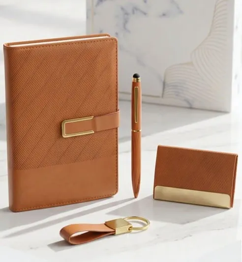 Ribbed Gold-Clasp 4-in-1 Gift Set — Tan