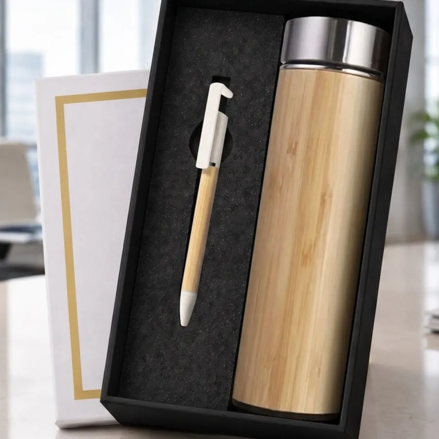 Bamboo Vacuum Flask & Pen Gift Set