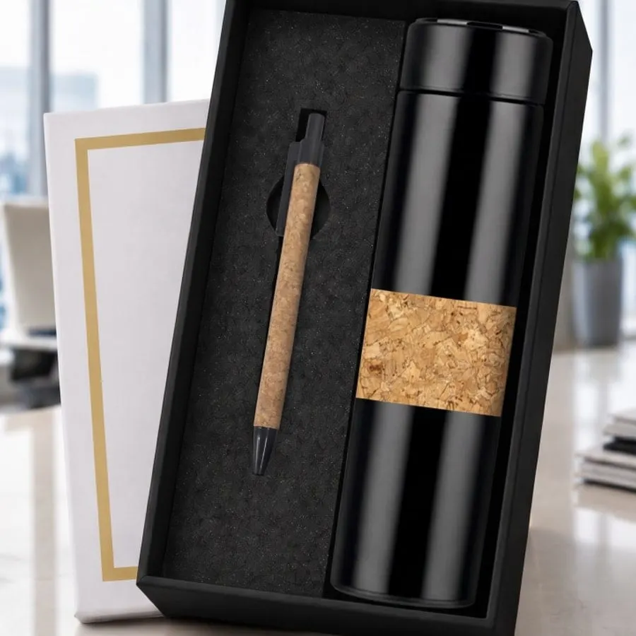 Vacuum Flask & Cork Pen Gift Set — Black
