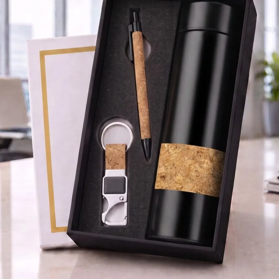 Cork-Accent Flask, Pen & Keychain Gift Set