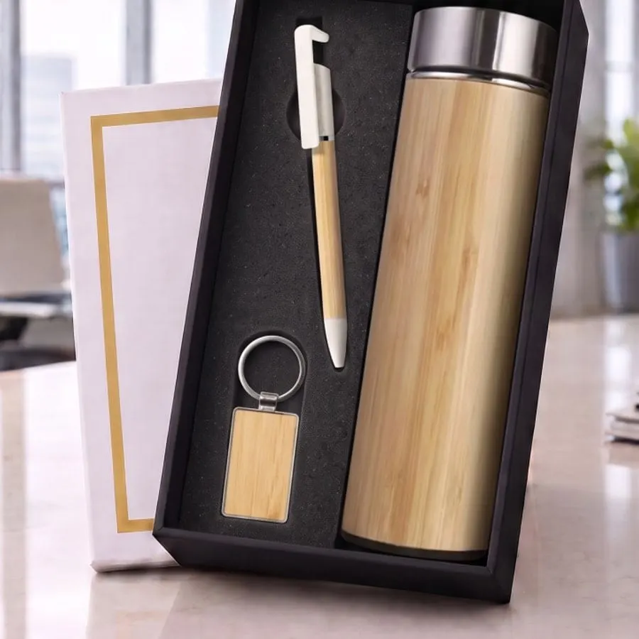 Bamboo Flask, Pen & Keychain Gift Set