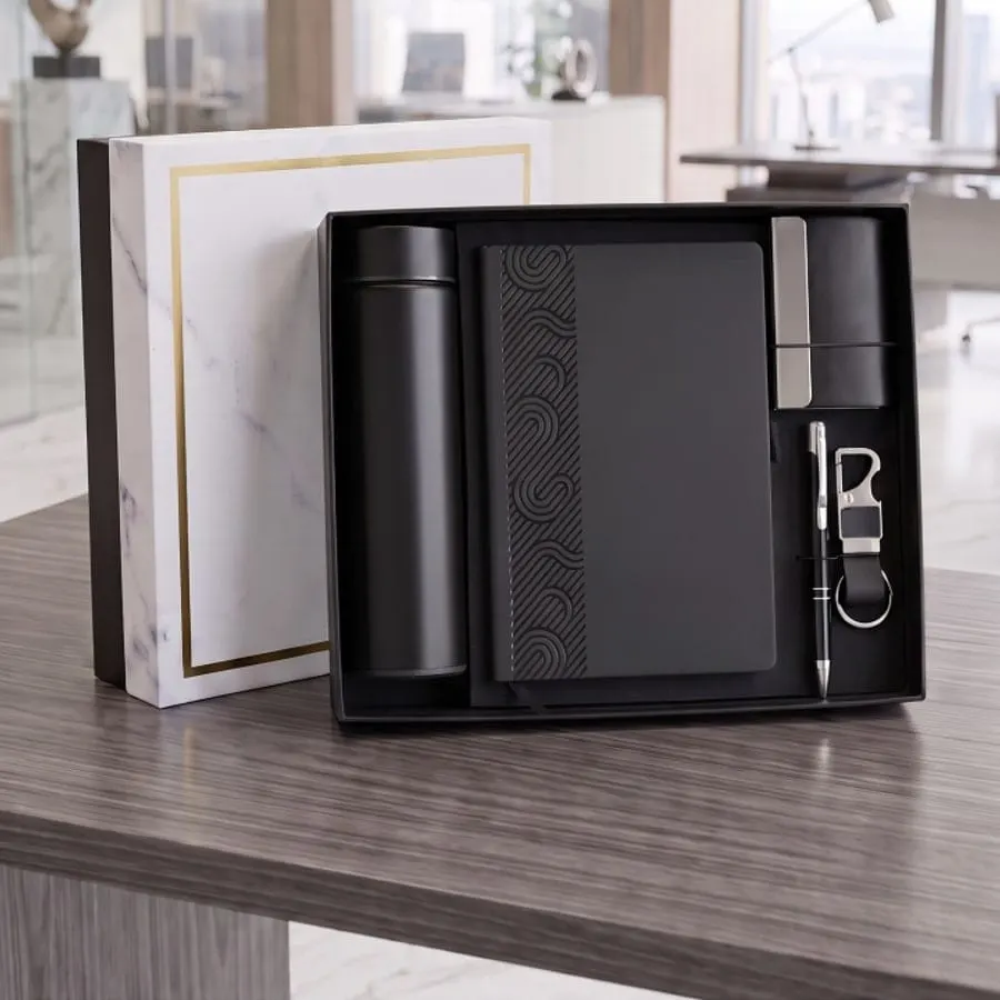 Flask, Diary, Pen & Keychain Gift Set — Black