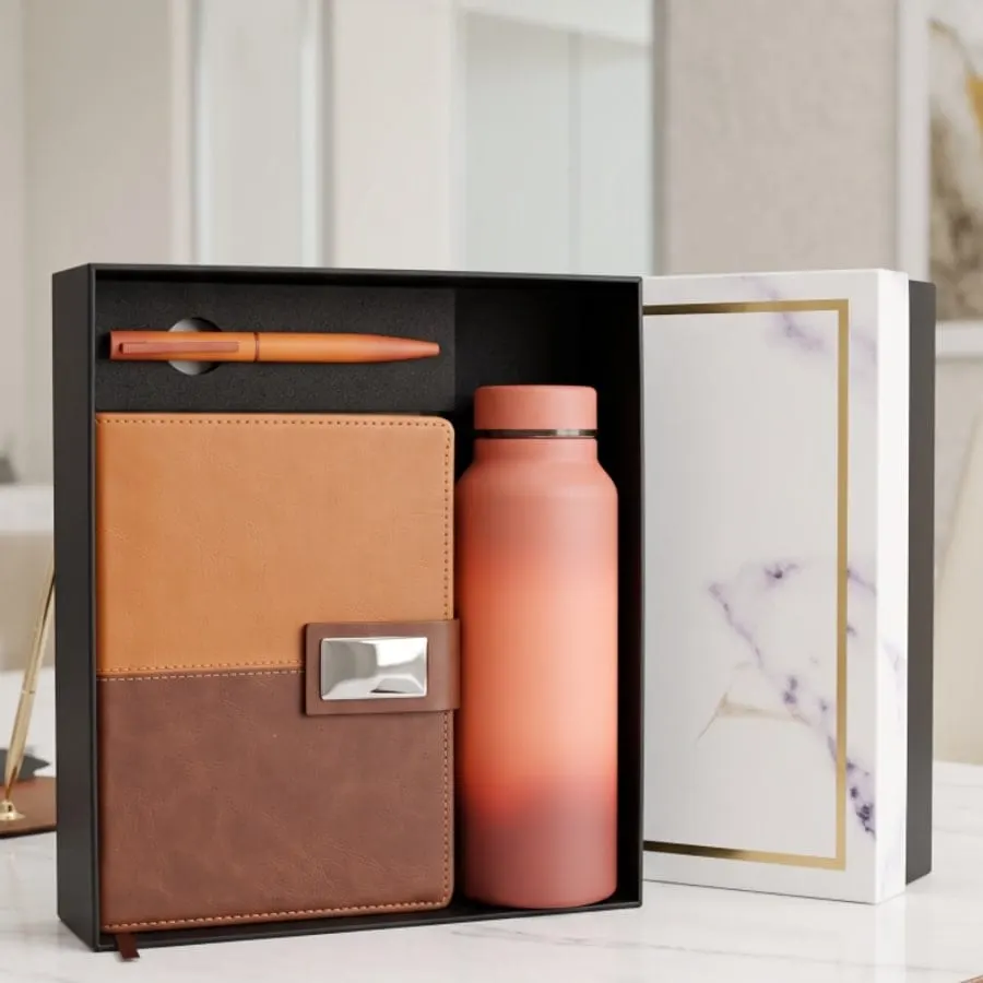 Two-Tone Diary & Bottle Gift Set — Tan