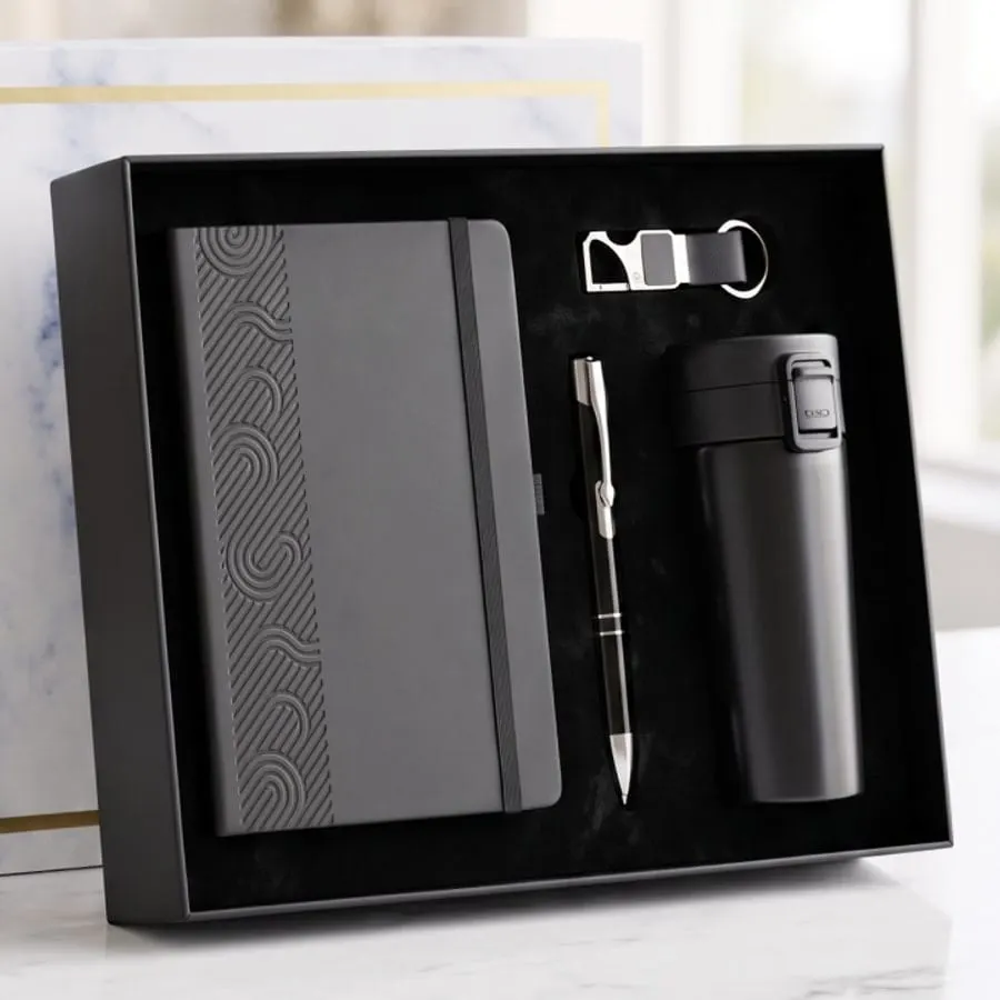 Wave-Emboss Diary, Flask & Keychain Gift Set