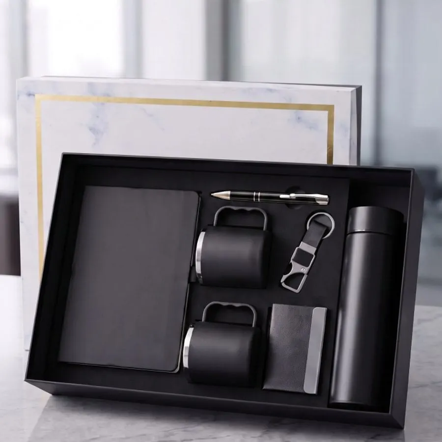 Six-Piece Diary, Mugs & Flask Gift Set — Black