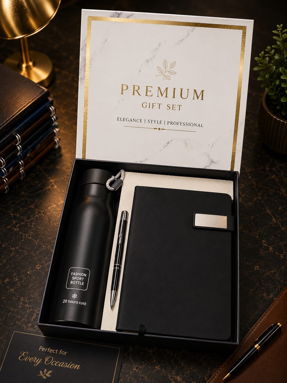 Diary, Sport Bottle & Pen Gift Set — Black