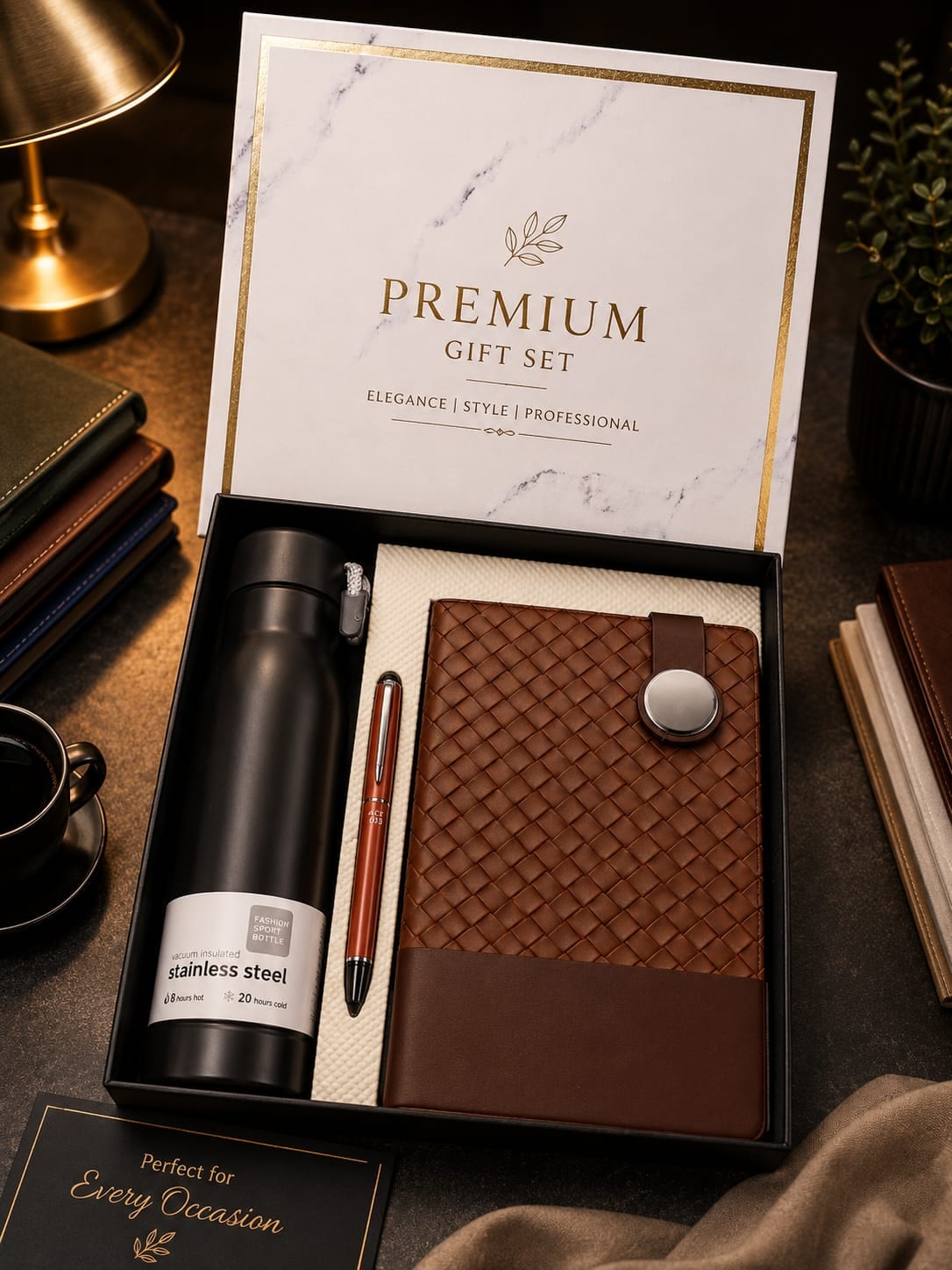 Woven Diary, Bottle & Pen Gift Set — Brown