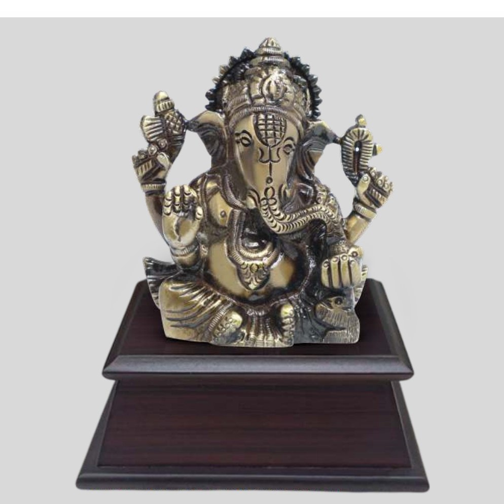 Brass Lord Ganesha Idol on Wooden Base