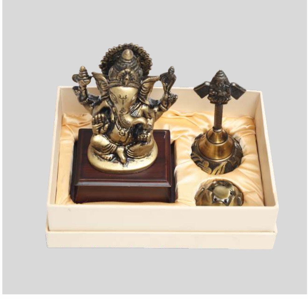 Ganesha Idol with Brass Bell & Agarbatti Stand — Pooja Gift Set