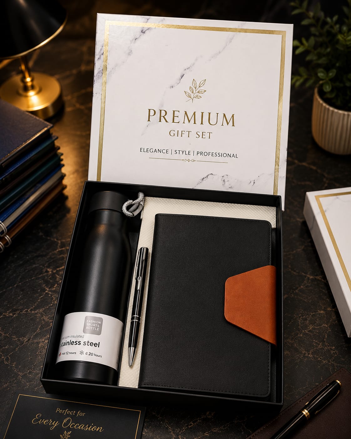 Diary, Bottle & Pen Gift Set — Black & Tan