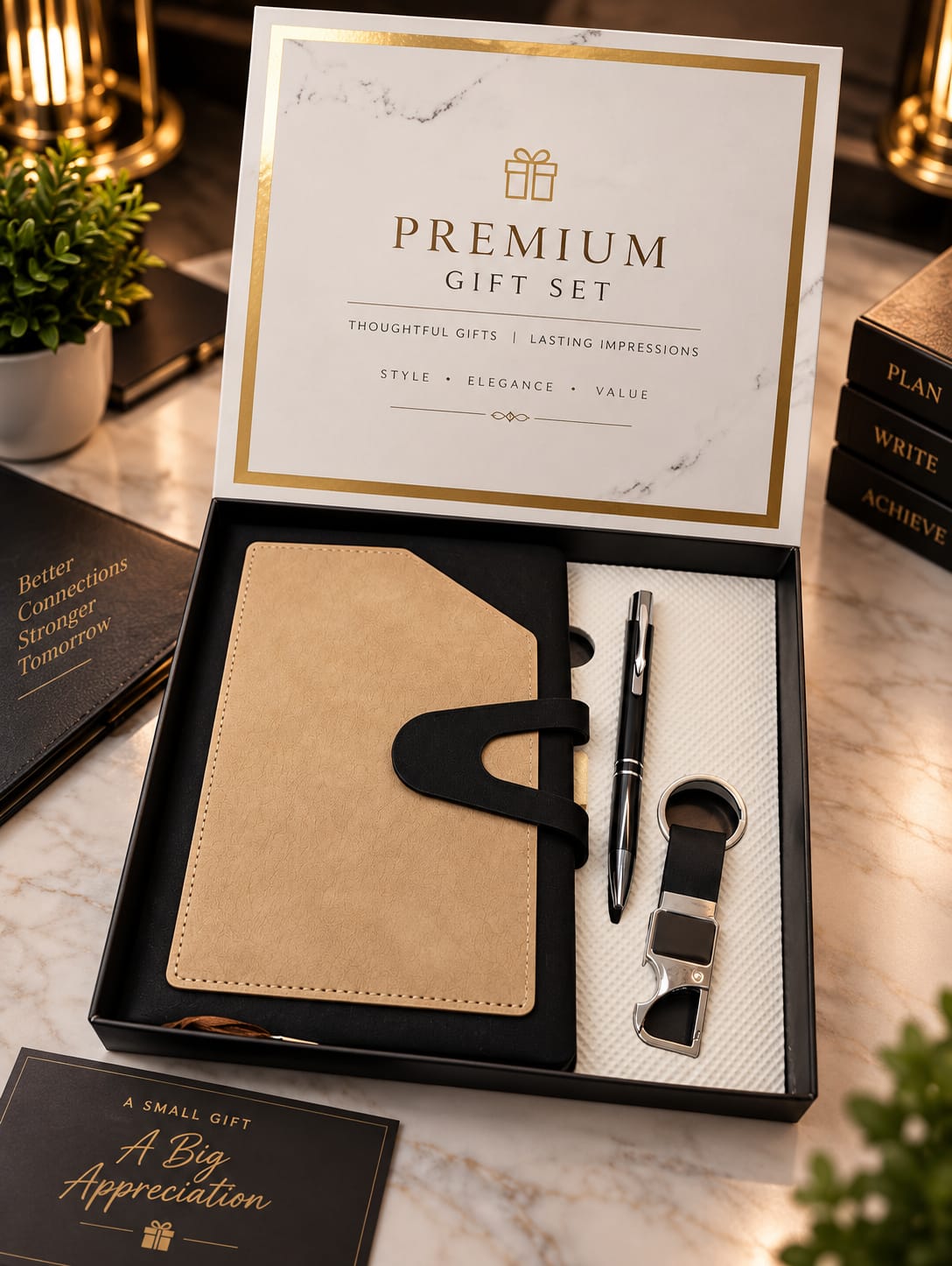 Suede Diary, Pen & Keychain Gift Set — Beige & Black
