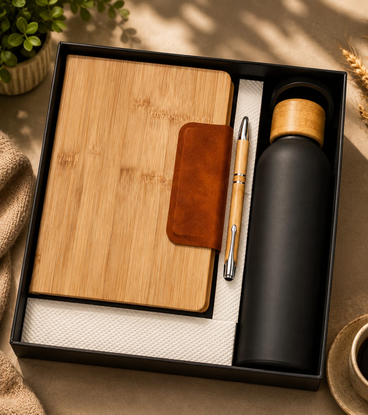 Bamboo Notebook & Matte Black Bottle Gift Set